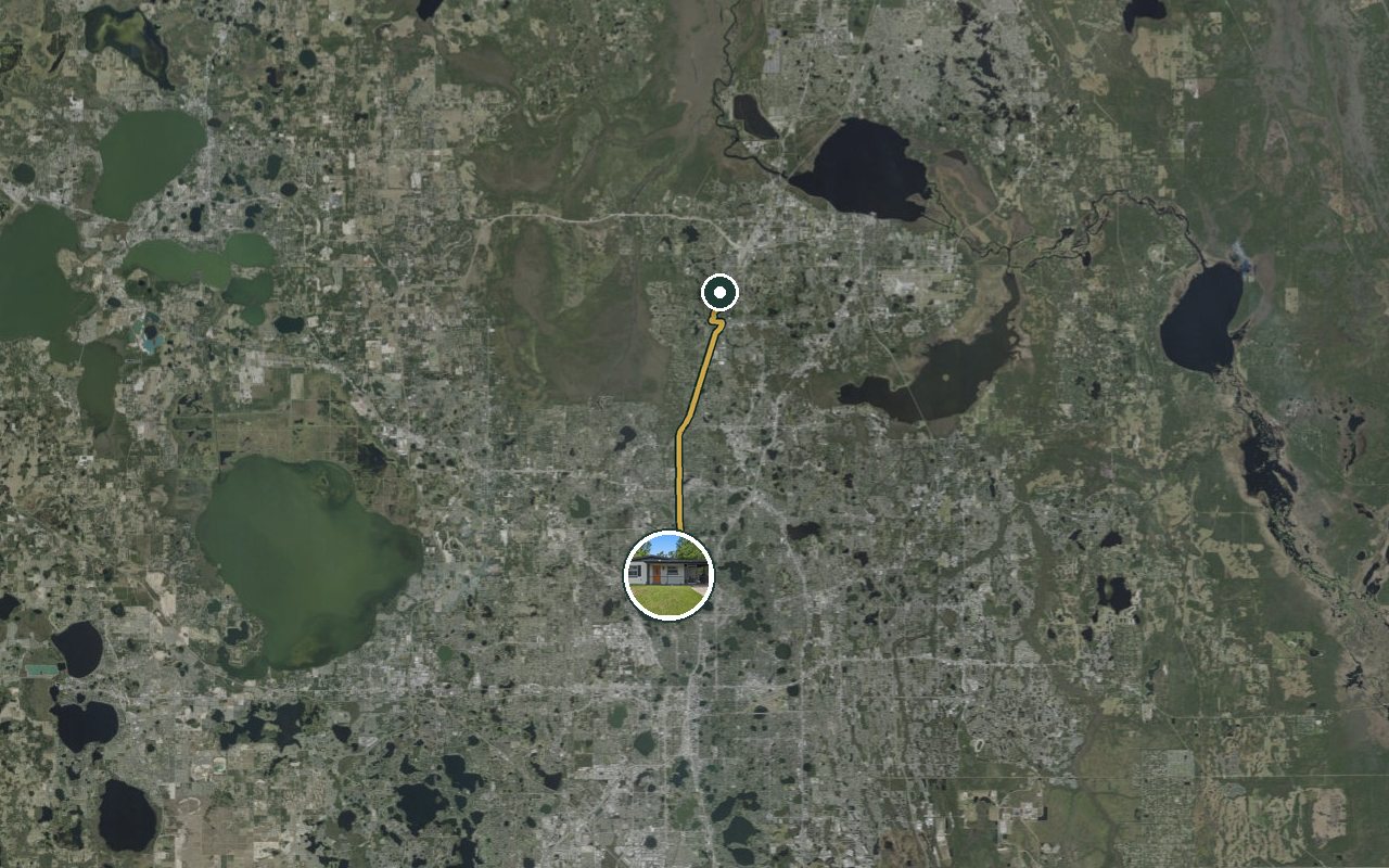 Satellite map showing WinterPark Home, our nearest home, and the driving route to AAA Auto Club Group (Heathrow), about 22 minutes by car.