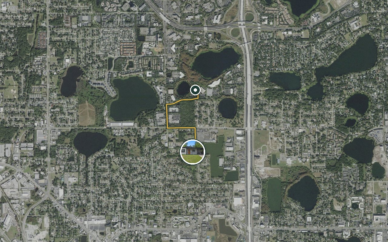 Satellite map showing WinterPark Home, our nearest home, and the driving route to ADP Maitland campus, about 3 minutes by car.