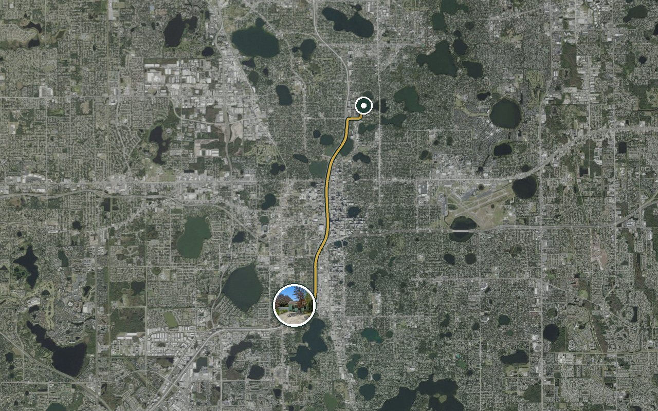 Satellite map showing Fruit Tree Home, our nearest home, and the driving route to AdventHealth Orlando, about 8 minutes by car.