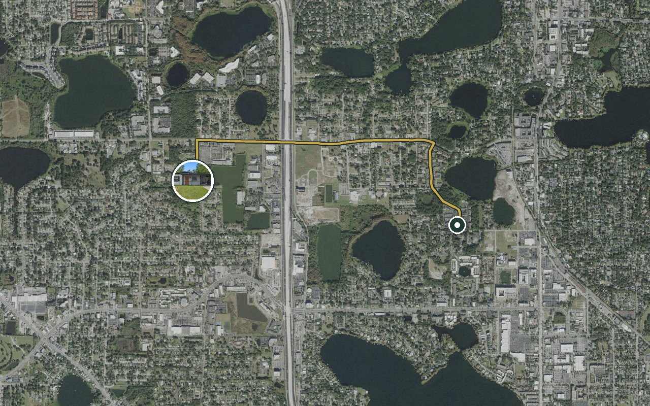 Satellite map showing WinterPark Home, our nearest home, and the driving route to Aspire Health Partners (Orlando), about 7 minutes by car.