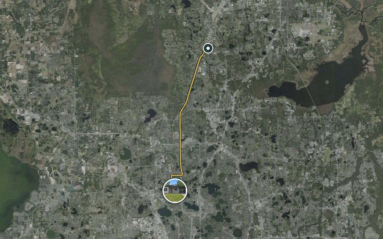 Satellite map showing WinterPark Home, our nearest home, and the driving route to Bank of America (Lake Mary), about 19 minutes by car.