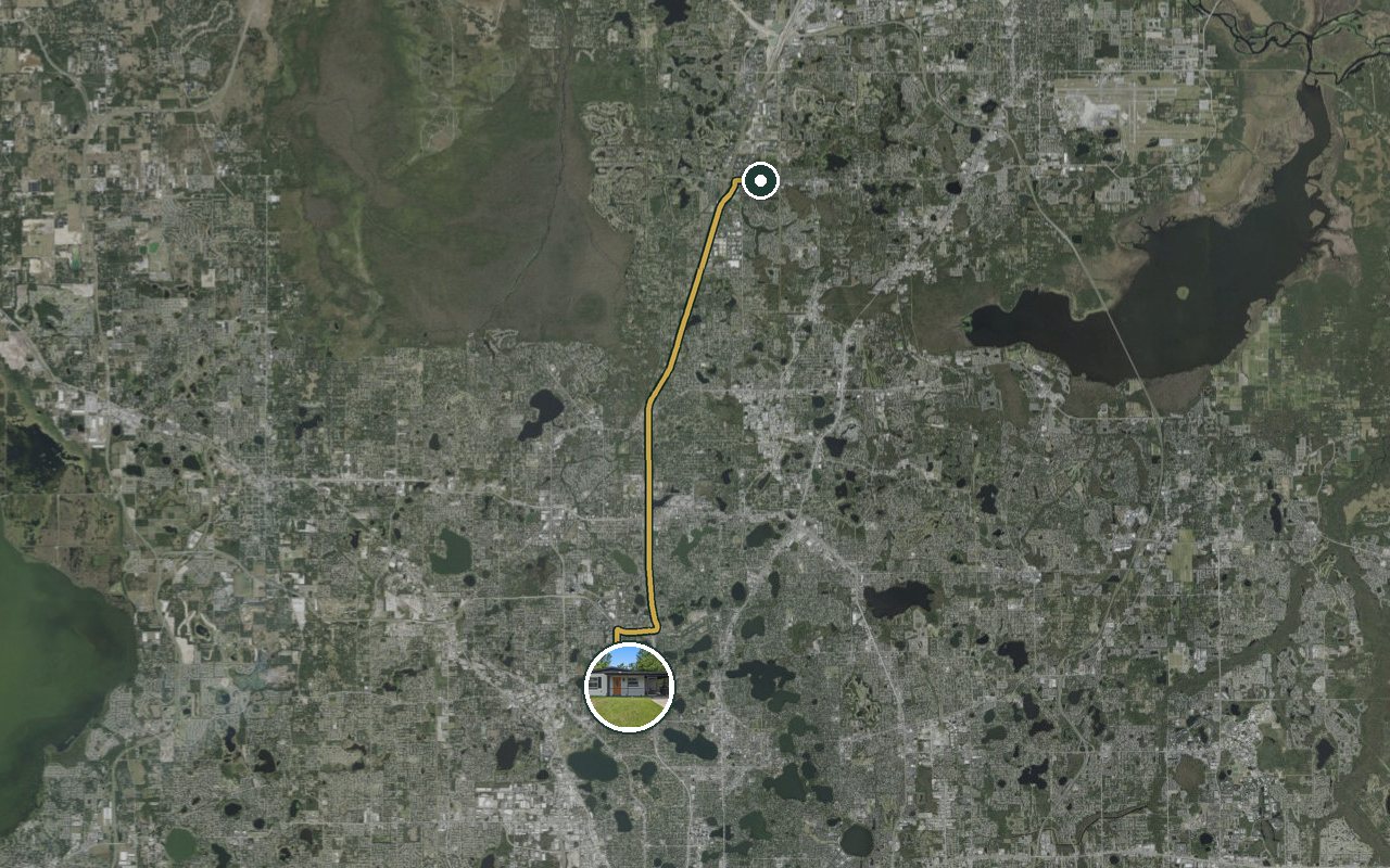 Satellite map showing WinterPark Home, our nearest home, and the driving route to BNY Mellon / Pershing (Lake Mary), about 18 minutes by car.