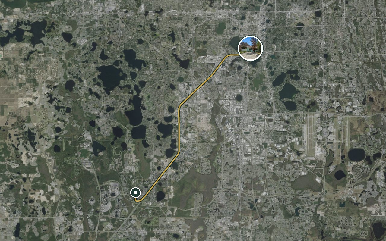 Satellite map showing Fruit Tree Home, our nearest home, and the driving route to Buena Vista Construction (Lake Buena Vista), about 23 minutes by car.