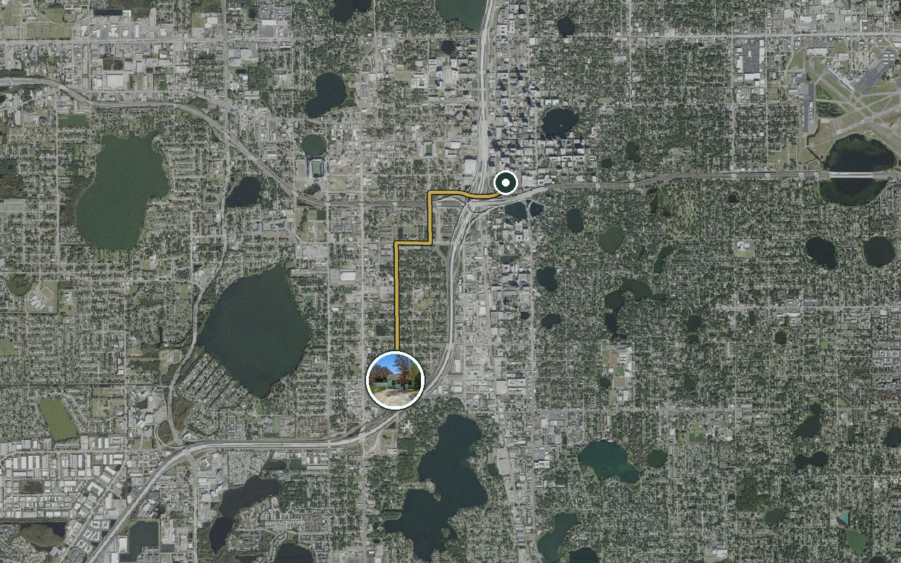 Satellite map showing Fruit Tree Home, our nearest home, and the driving route to Orlando City Hall, about 6 minutes by car.