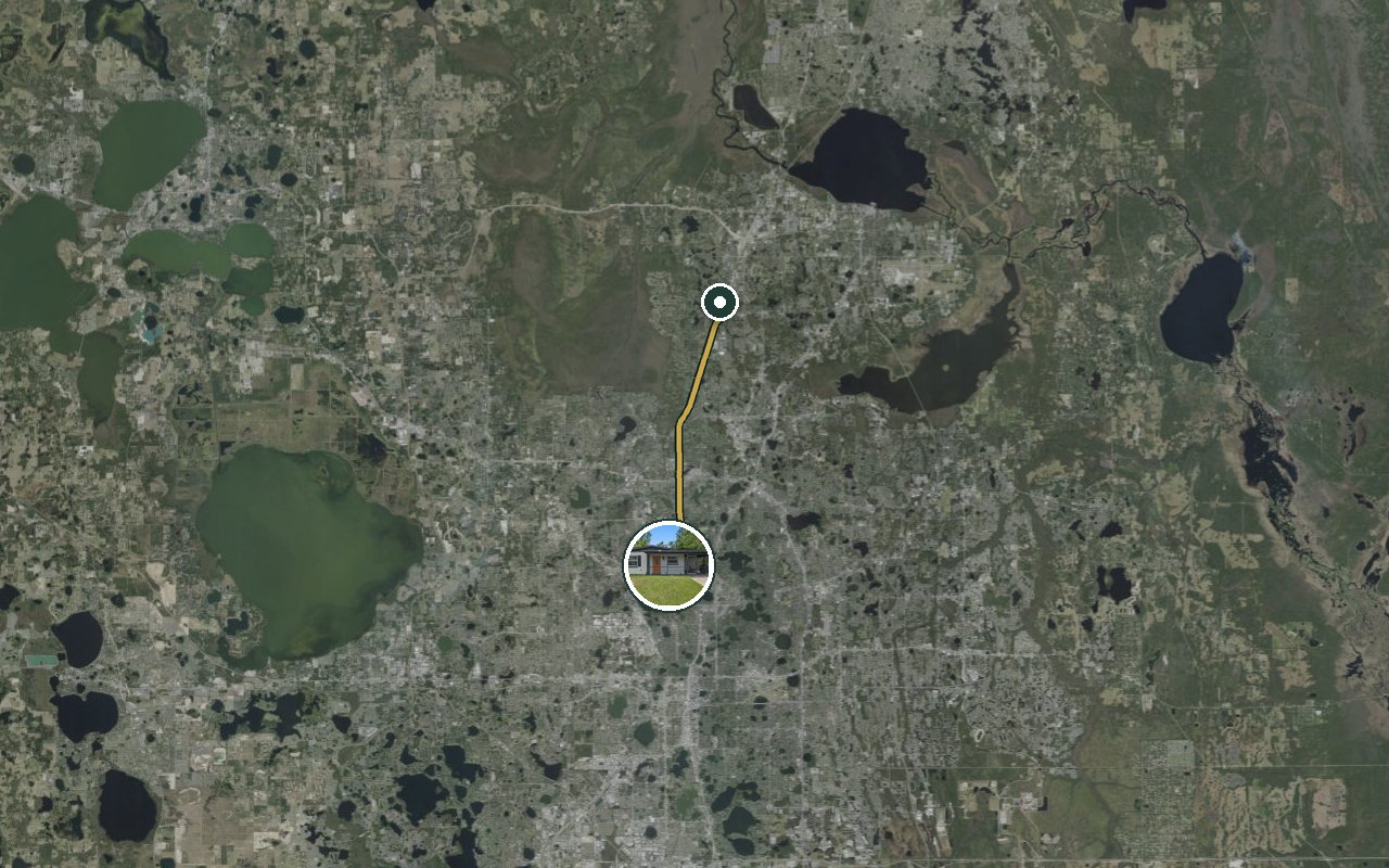 Satellite map showing WinterPark Home, our nearest home, and the driving route to Concentrix (Lake Mary), about 20 minutes by car.