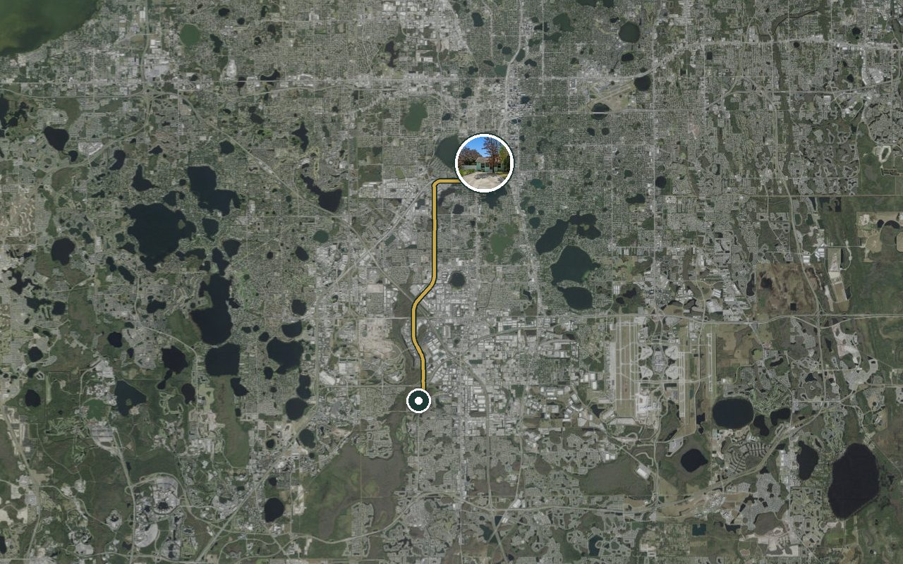 Satellite map showing Fruit Tree Home, our nearest home, and the driving route to Restaurant Support Center (John Young Pkwy area), about 15 minutes by car.