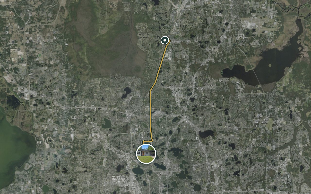 Satellite map showing WinterPark Home, our nearest home, and the driving route to Heathrow (International Parkway), about 18 minutes by car.
