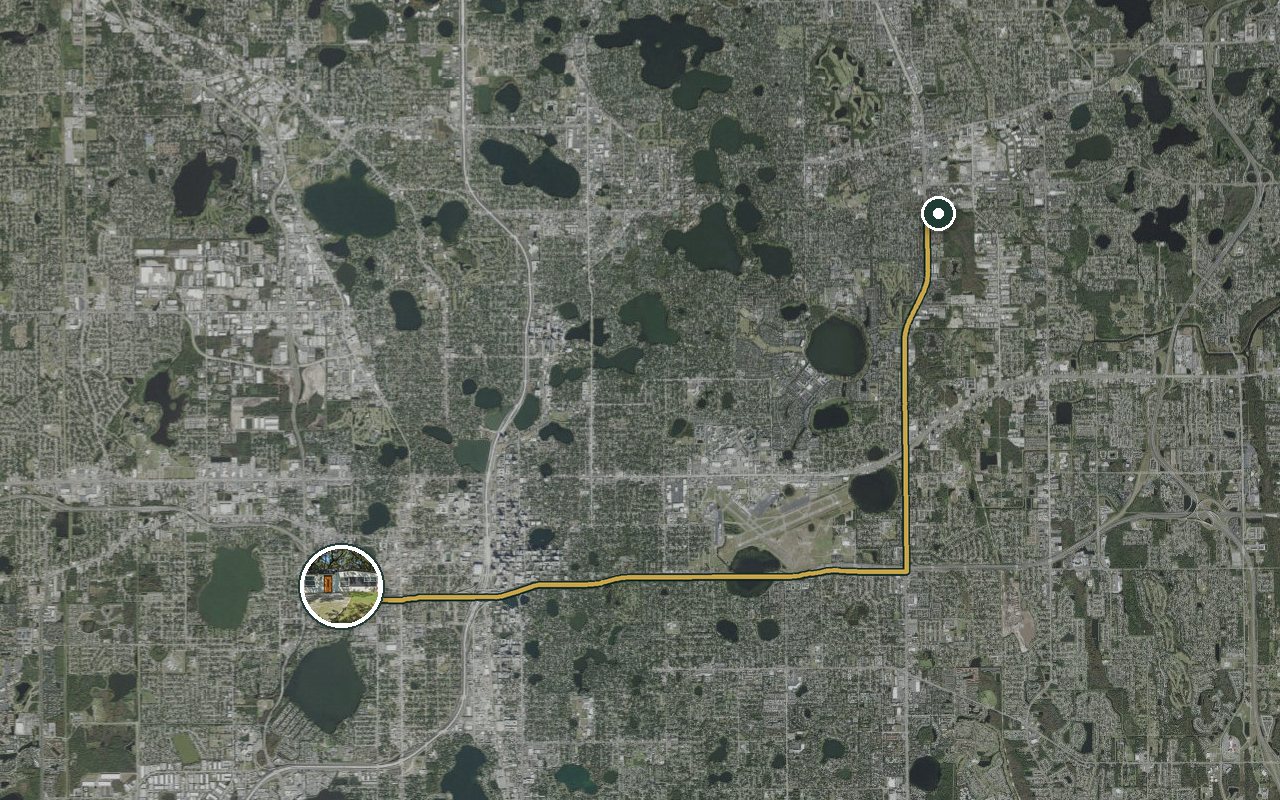 Satellite map showing Game Day Getaway-Downtown Orlando, our nearest home, and the driving route to Full Sail University, about 17 minutes by car.