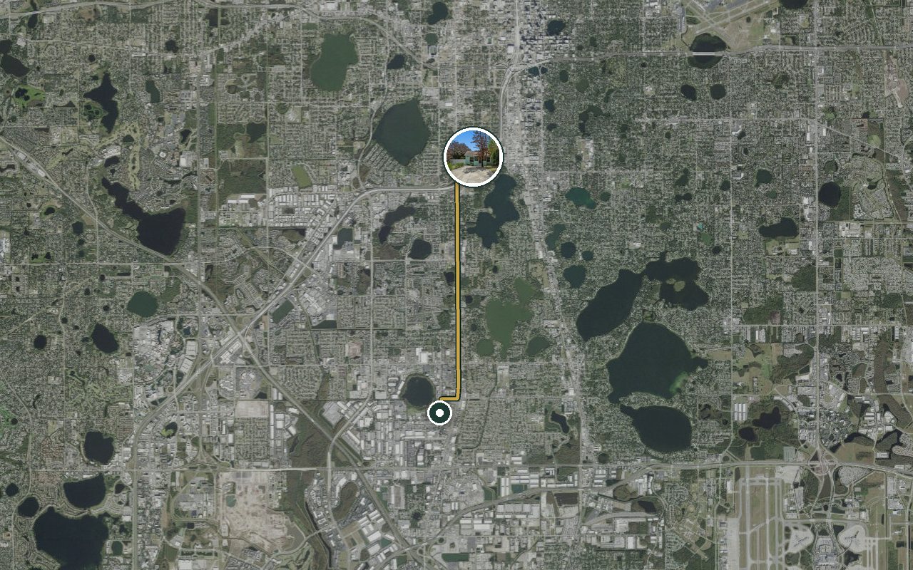 Satellite map showing Fruit Tree Home, our nearest home, and the driving route to Goodwill of Central Florida (South OBT), about 9 minutes by car.