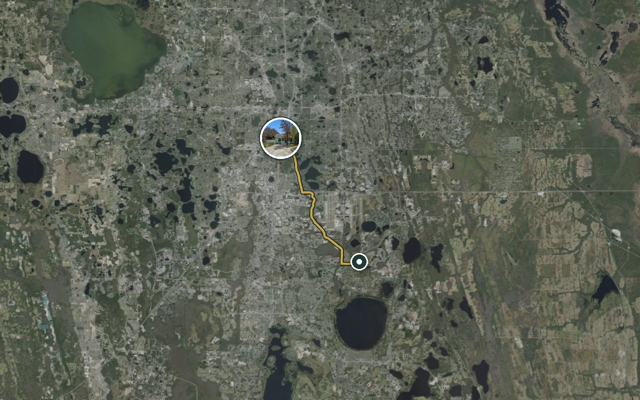 Satellite map showing Fruit Tree Home, our nearest home, and the driving route to UCF Lake Nona Hospital, about 30 minutes by car.