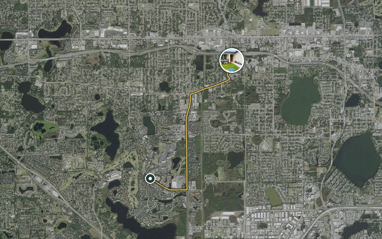 Satellite map showing Meet. Play. Stay., our nearest home, and the driving route to MetroWest headquarters, about 7 minutes by car.