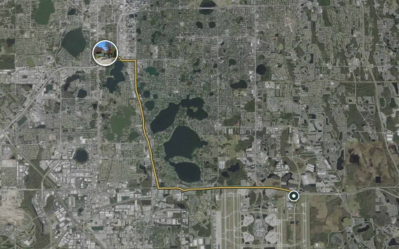 Satellite map showing Fruit Tree Home, our nearest home, and the driving route to JetBlue University, about 21 minutes by car.
