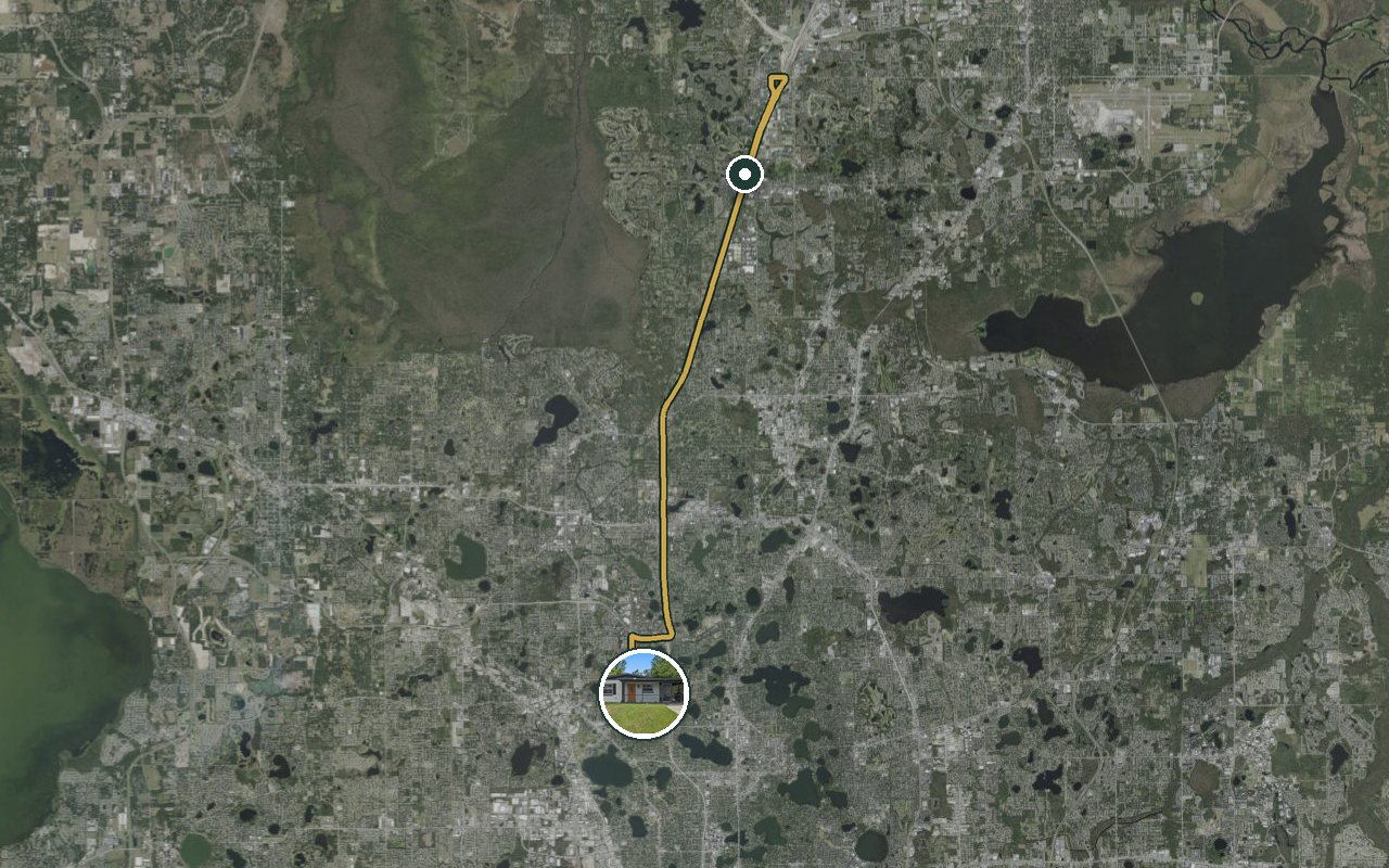 Satellite map showing WinterPark Home, our nearest home, and the driving route to JPMorgan Chase (Heathrow / Lake Mary), about 23 minutes by car.