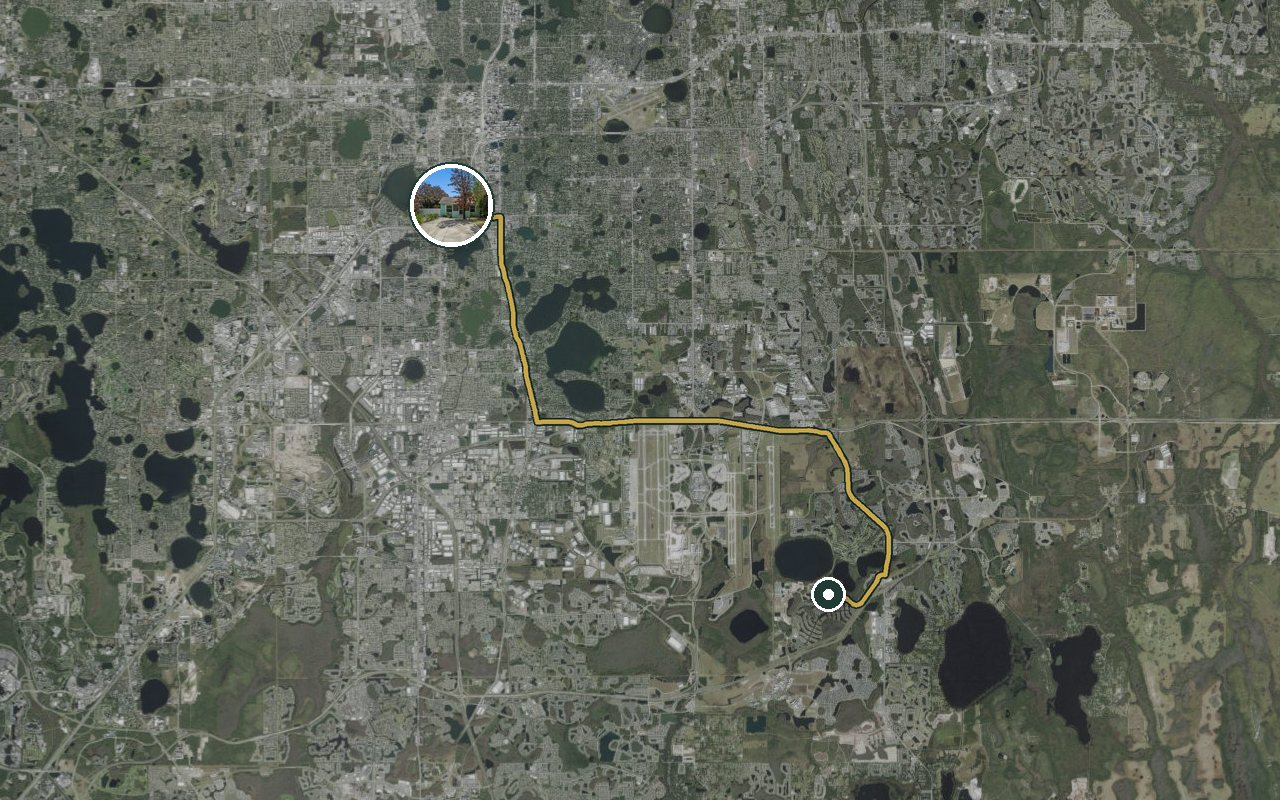 Satellite map showing Fruit Tree Home, our nearest home, and the driving route to KPMG Lakehouse, about 30 minutes by car.