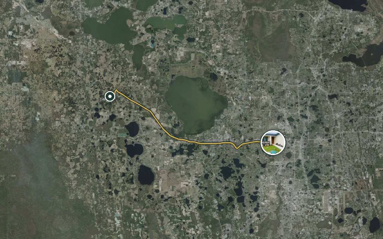 Satellite map showing Meet. Play. Stay., our nearest home, and the driving route to Kroger Fulfillment Center (Groveland), about 37 minutes by car.