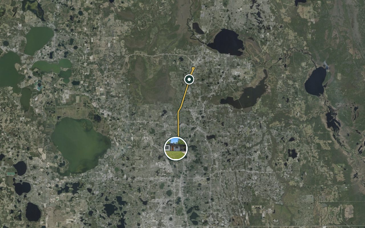 Satellite map showing WinterPark Home, our nearest home, and the driving route to Liberty Mutual (Lake Mary), about 23 minutes by car.