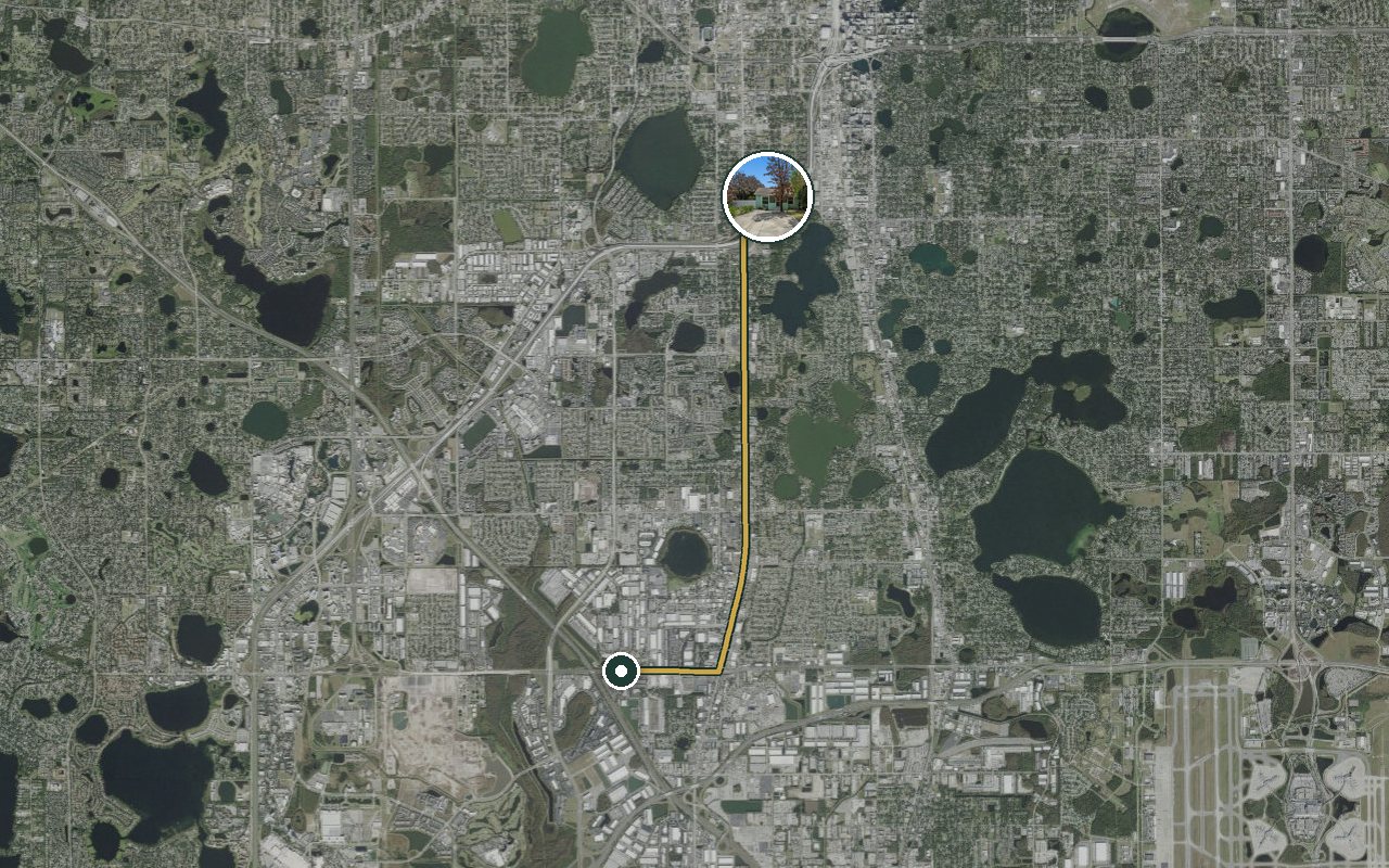 Satellite map showing Fruit Tree Home, our nearest home, and the driving route to Sand Lake Road campus, about 11 minutes by car.
