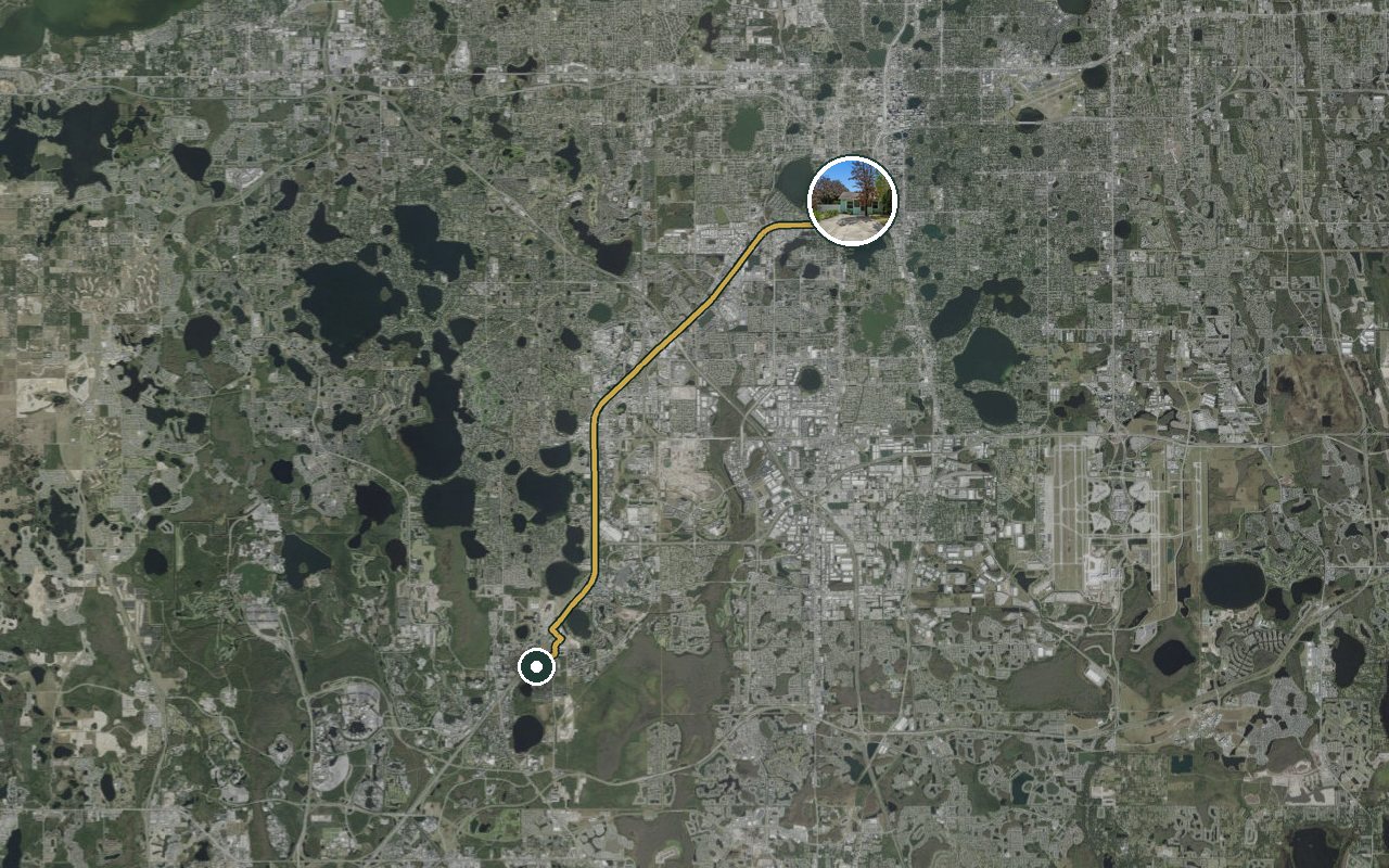 Satellite map showing Fruit Tree Home, our nearest home, and the driving route to Palm Parkway / Lake Buena Vista area, about 20 minutes by car.