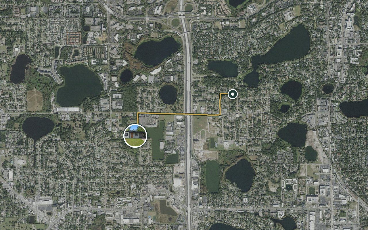 Satellite map showing WinterPark Home, our nearest home, and the driving route to Massey Services (Maitland HQ), about 4 minutes by car.
