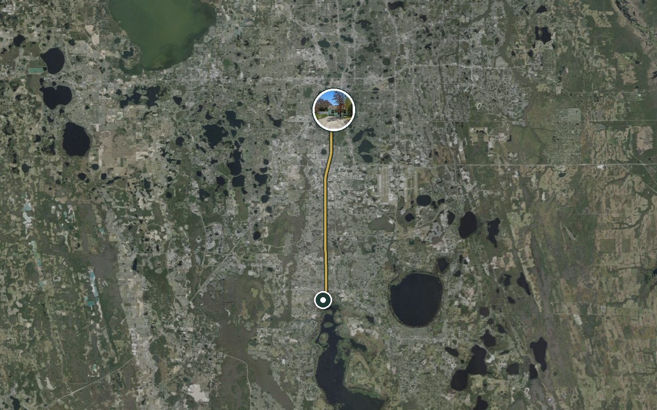 Satellite map showing Fruit Tree Home, our nearest home, and the driving route to McLane Distribution Center (Kissimmee), about 29 minutes by car.