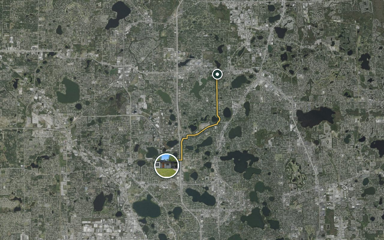 Satellite map showing WinterPark Home, our nearest home, and the driving route to Mechanical One (Altamonte Springs), about 10 minutes by car.