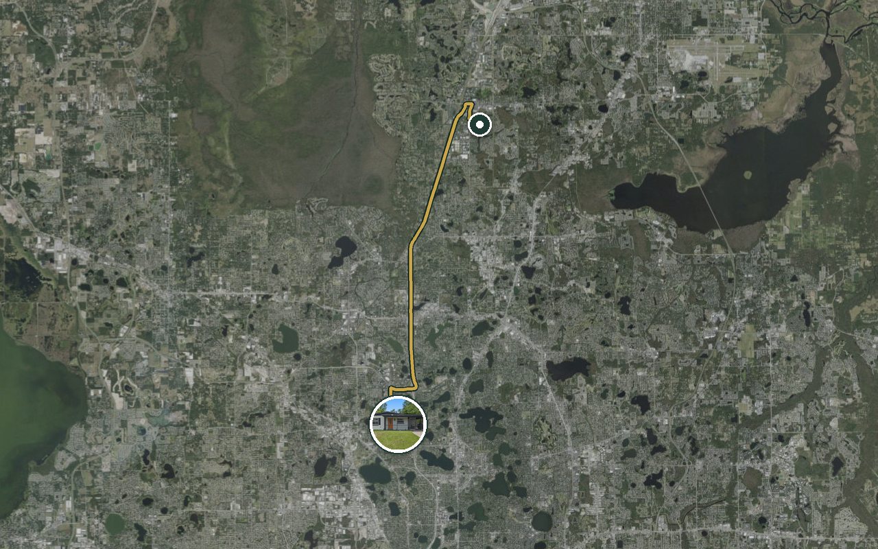Satellite map showing WinterPark Home, our nearest home, and the driving route to Mitsubishi Power Americas (Lake Mary), about 20 minutes by car.