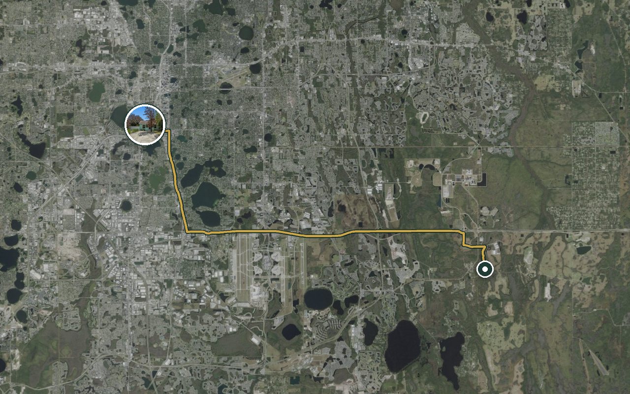 Satellite map showing Fruit Tree Home, our nearest home, and the driving route to Nautique Boat Company (East Orlando), about 34 minutes by car.