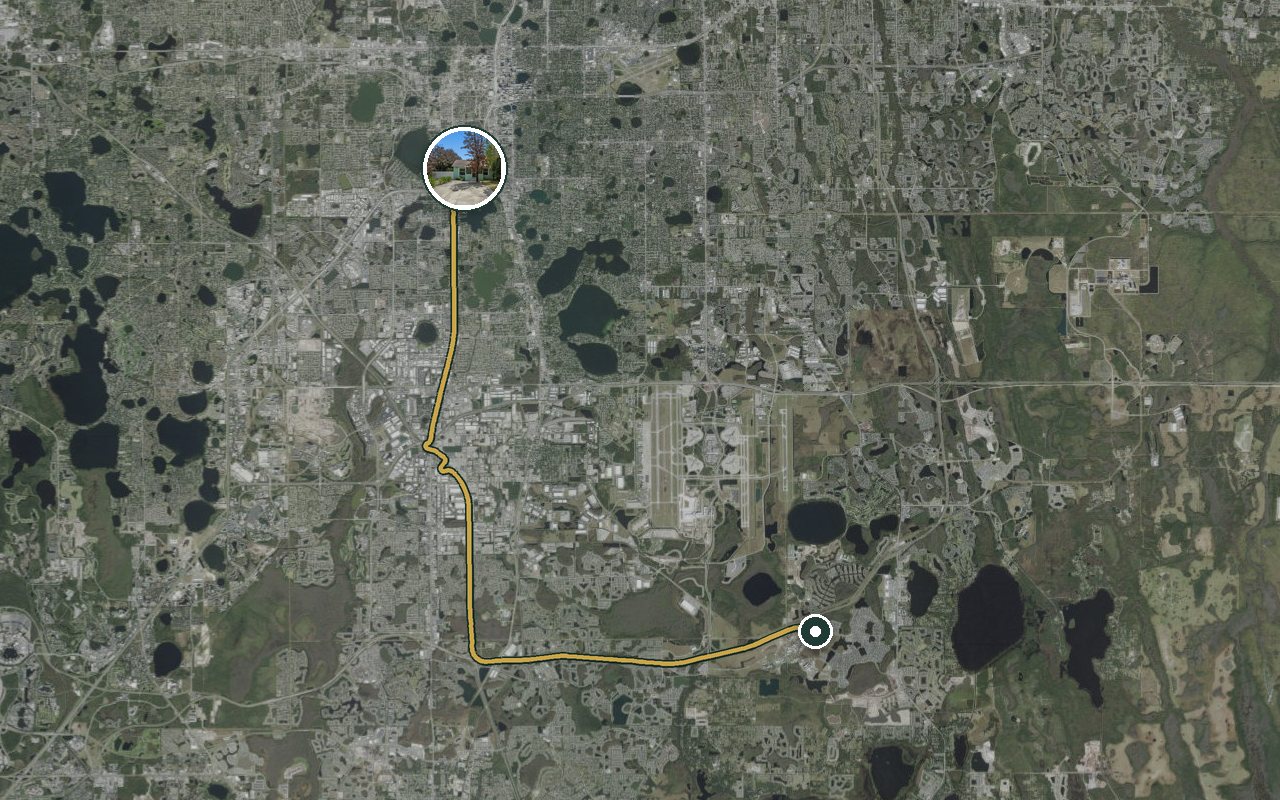 Satellite map showing Fruit Tree Home, our nearest home, and the driving route to Nemours Children's Hospital, about 32 minutes by car.