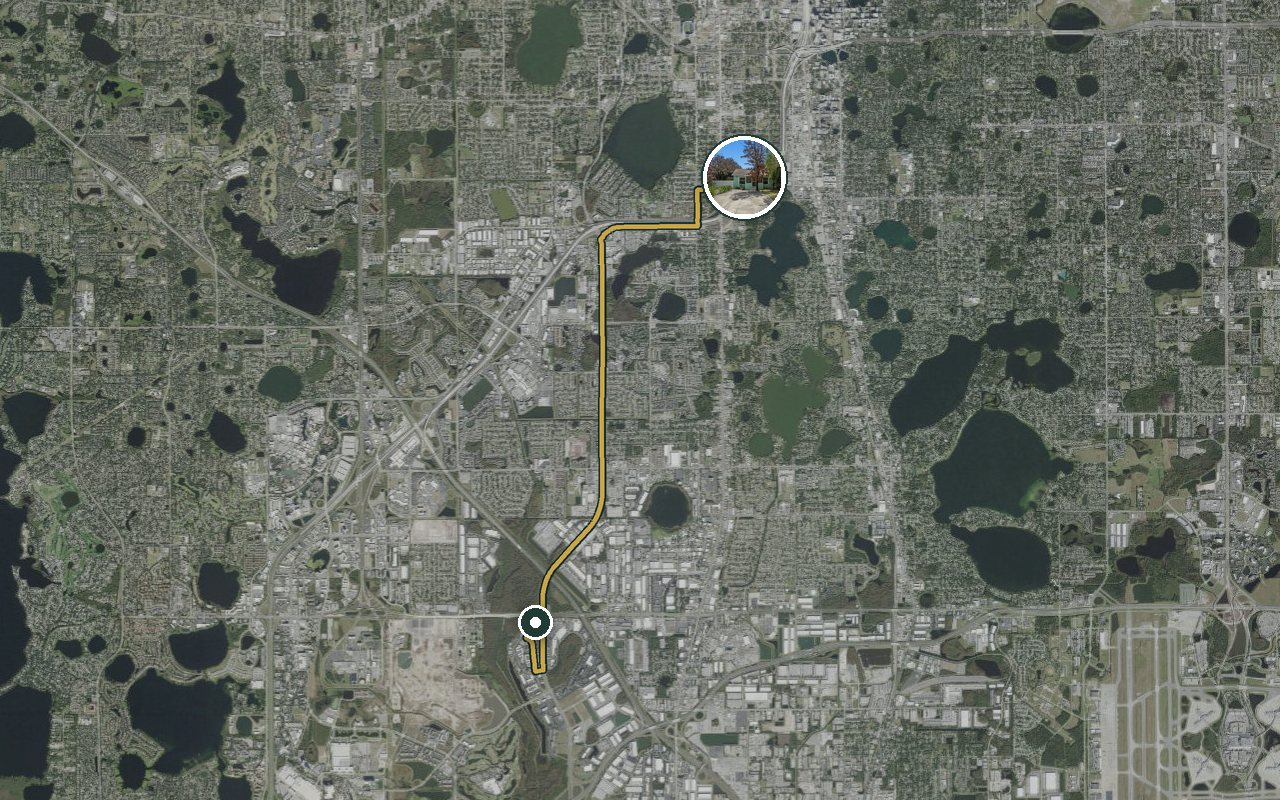 Satellite map showing Fruit Tree Home, our nearest home, and the driving route to Oracle (Orlando), about 13 minutes by car.