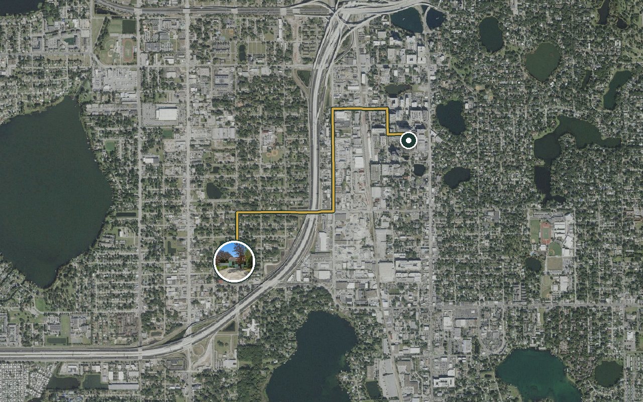 Satellite map showing Fruit Tree Home, our nearest home, and the driving route to Orlando Regional Medical Center, about 5 minutes by car.