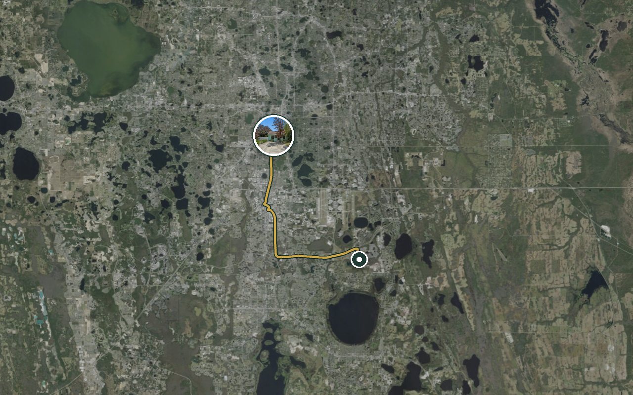 Satellite map showing Fruit Tree Home, our nearest home, and the driving route to Orlando VA Medical Center (Lake Nona), about 32 minutes by car.