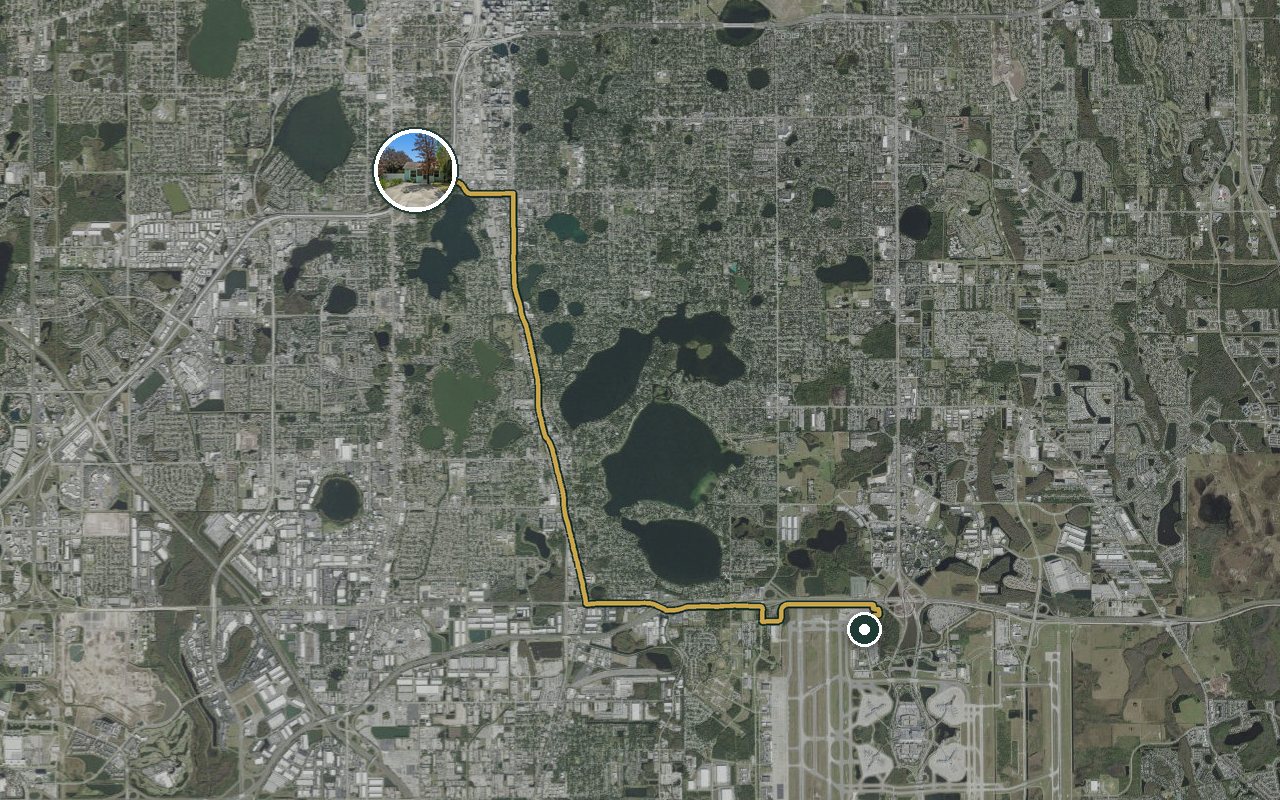Satellite map showing Fruit Tree Home, our nearest home, and the driving route to Regal Marine Industries (South Orlando), about 22 minutes by car.