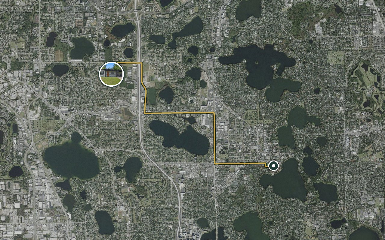 Satellite map showing WinterPark Home, our nearest home, and the driving route to Rollins College (Winter Park), about 11 minutes by car.
