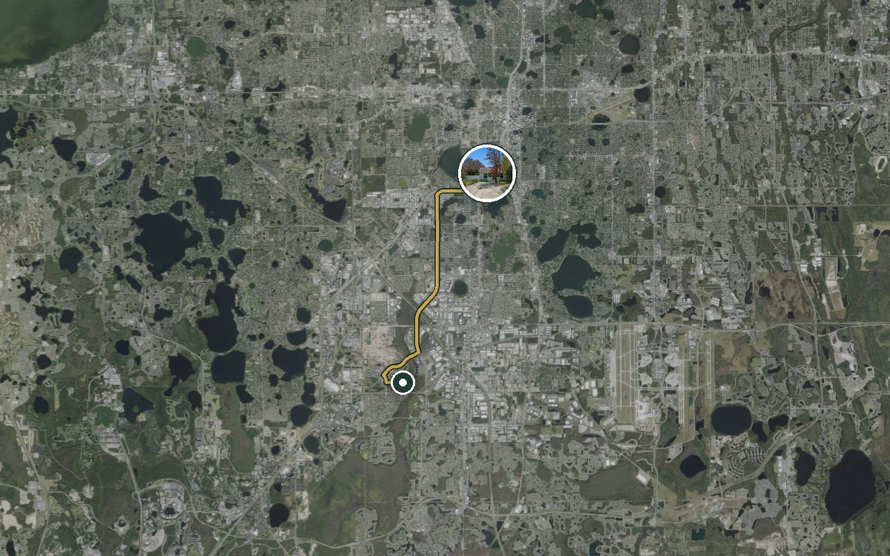 Satellite map showing Fruit Tree Home, our nearest home, and the driving route to Rosen Shingle Creek, about 18 minutes by car.