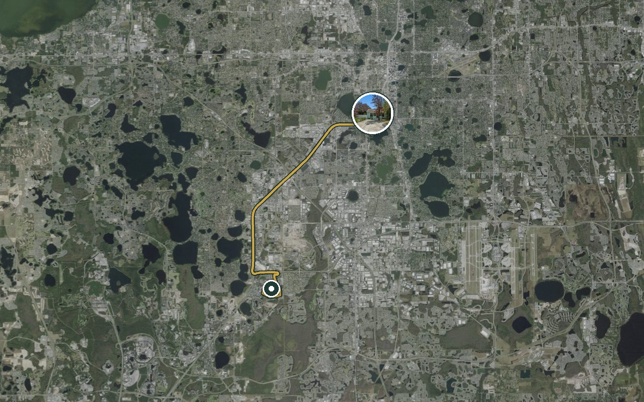 Satellite map showing Fruit Tree Home, our nearest home, and the driving route to SeaWorld Orlando, about 23 minutes by car.