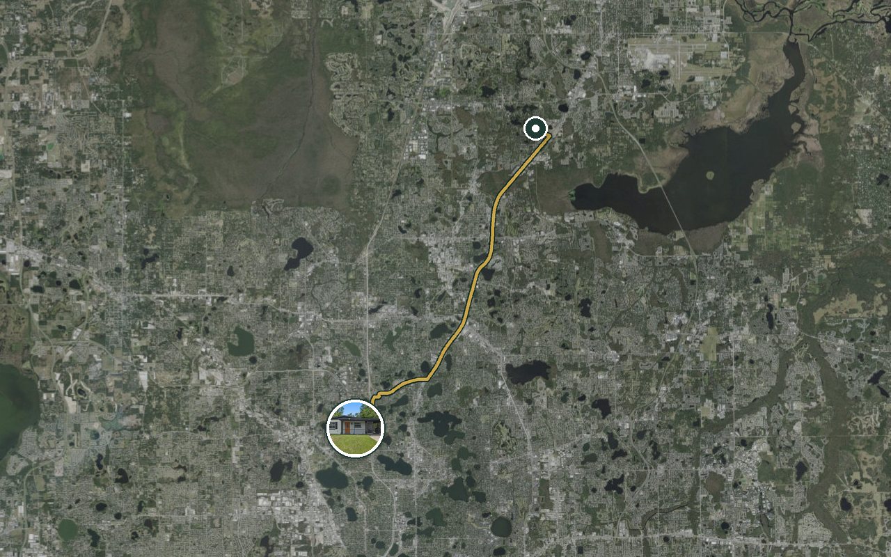 Satellite map showing WinterPark Home, our nearest home, and the driving route to Seminole State College (Sanford), about 24 minutes by car.