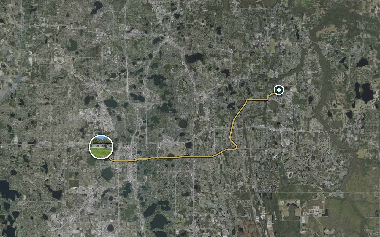 Satellite map showing Amelia’s Arena Retreat, our nearest home, and the driving route to Orlando campus (Alafaya / Corporate Blvd), about 26 minutes by car.