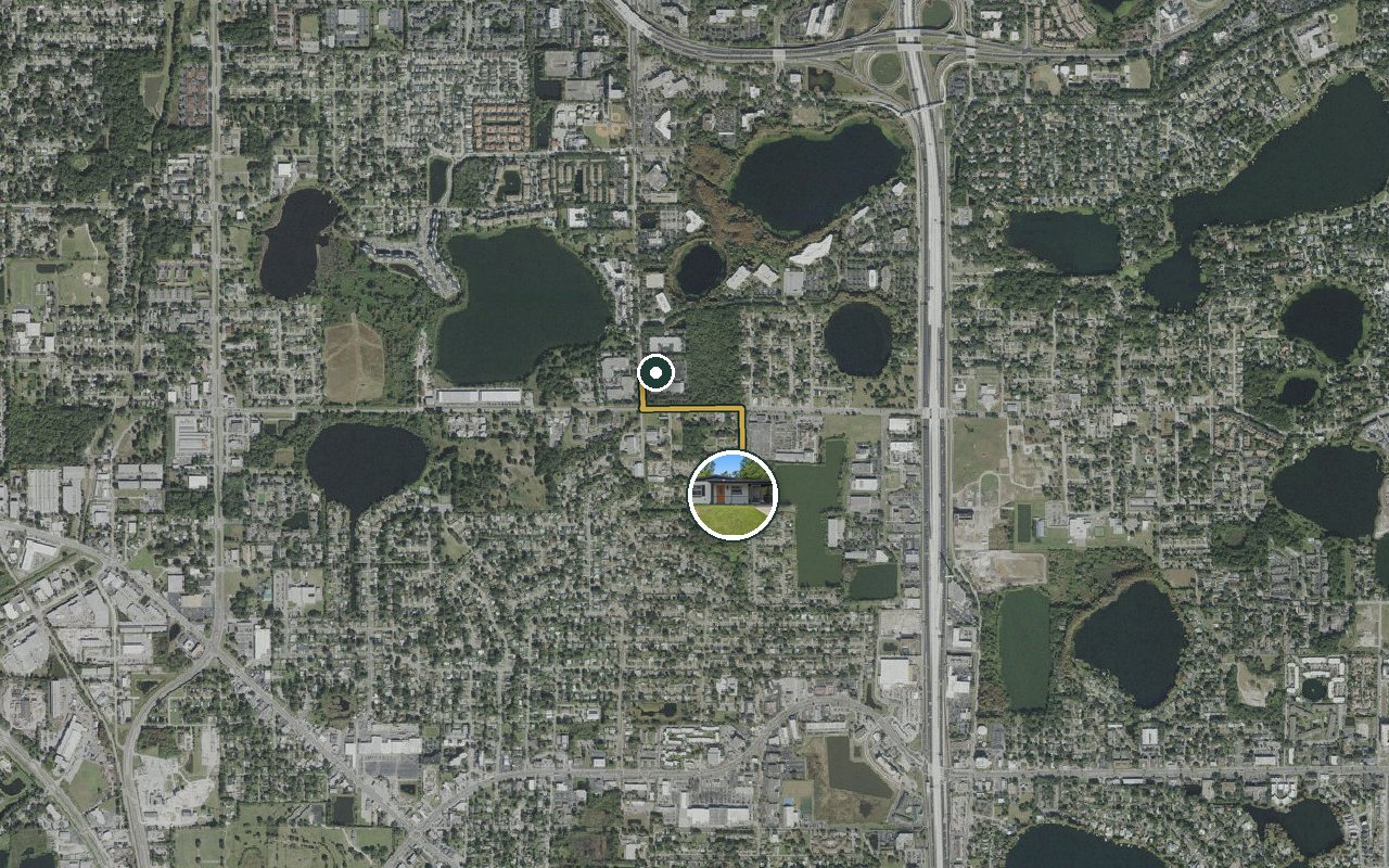Satellite map showing WinterPark Home, our nearest home, and the driving route to Spectrum (Maitland / North Orlando), about 2 minutes by car.