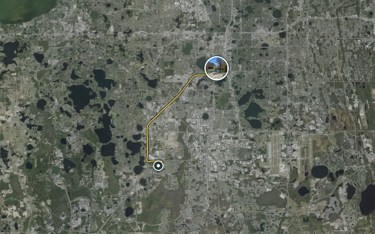 Satellite map showing Fruit Tree Home, our nearest home, and the driving route to Sea Harbor Drive headquarters, about 18 minutes by car.