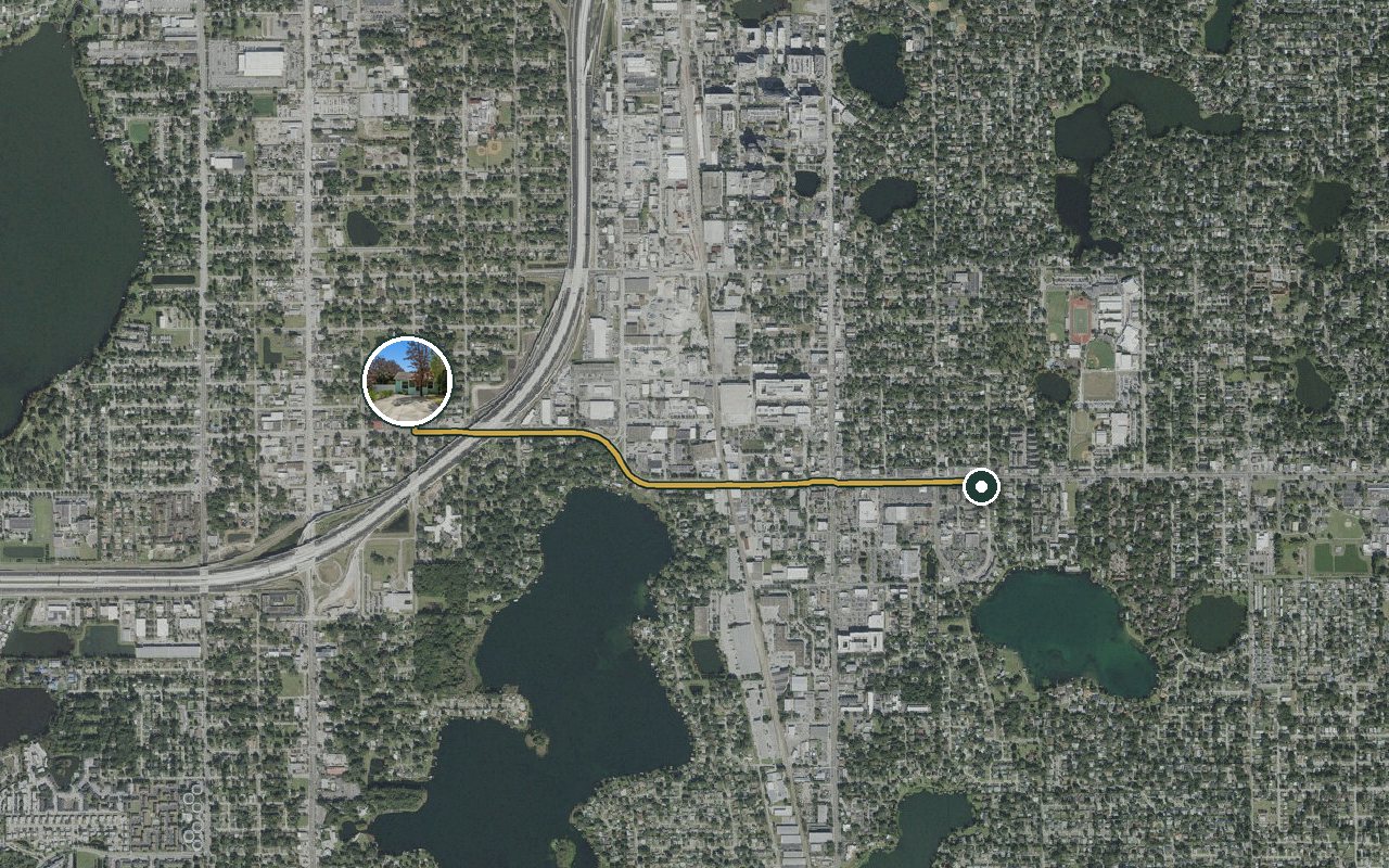 Satellite map showing Fruit Tree Home, our nearest home, and the driving route to Truist (Downtown Orlando), about 4 minutes by car.