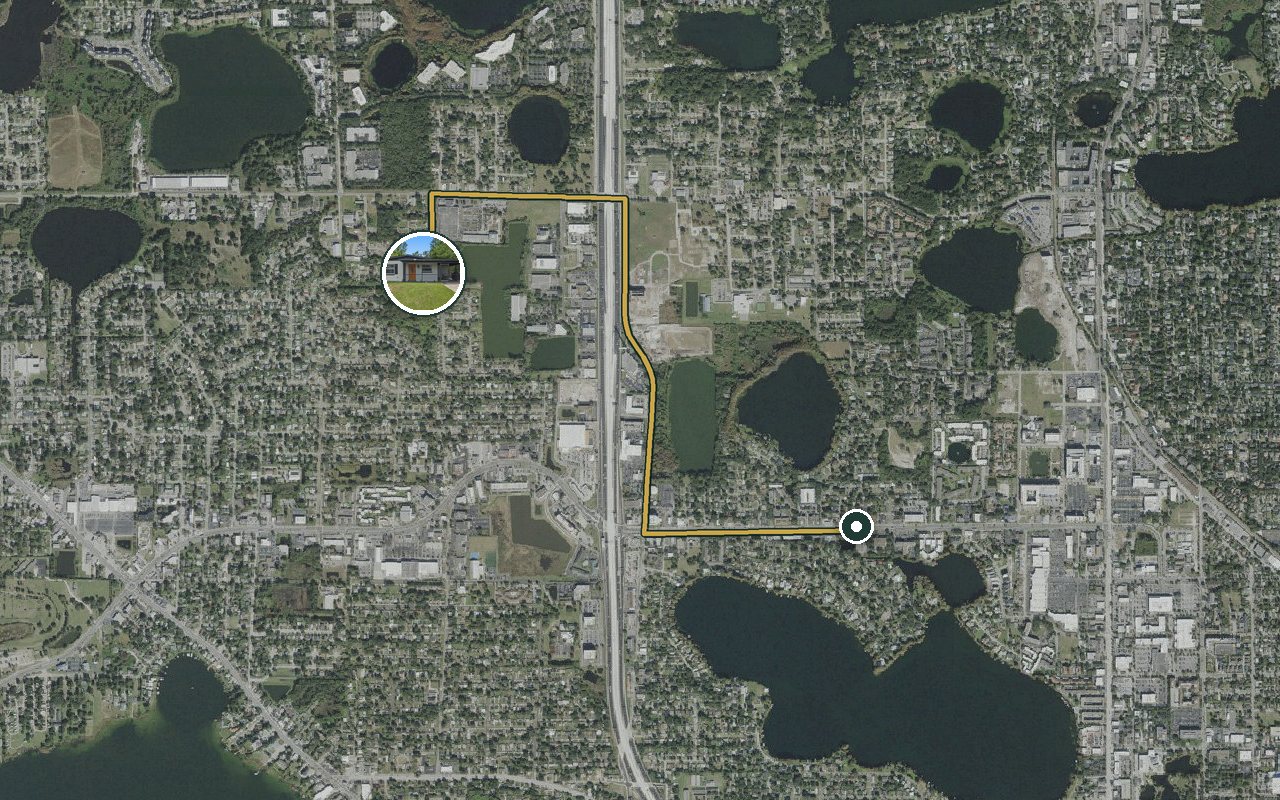 Satellite map showing WinterPark Home, our nearest home, and the driving route to UCP of Central Florida (Orlando), about 5 minutes by car.