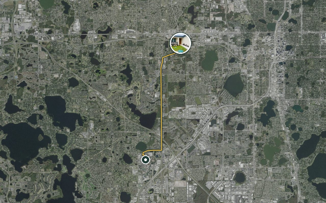 Satellite map showing Meet. Play. Stay., our nearest home, and the driving route to Universal Studios Florida, about 12 minutes by car.