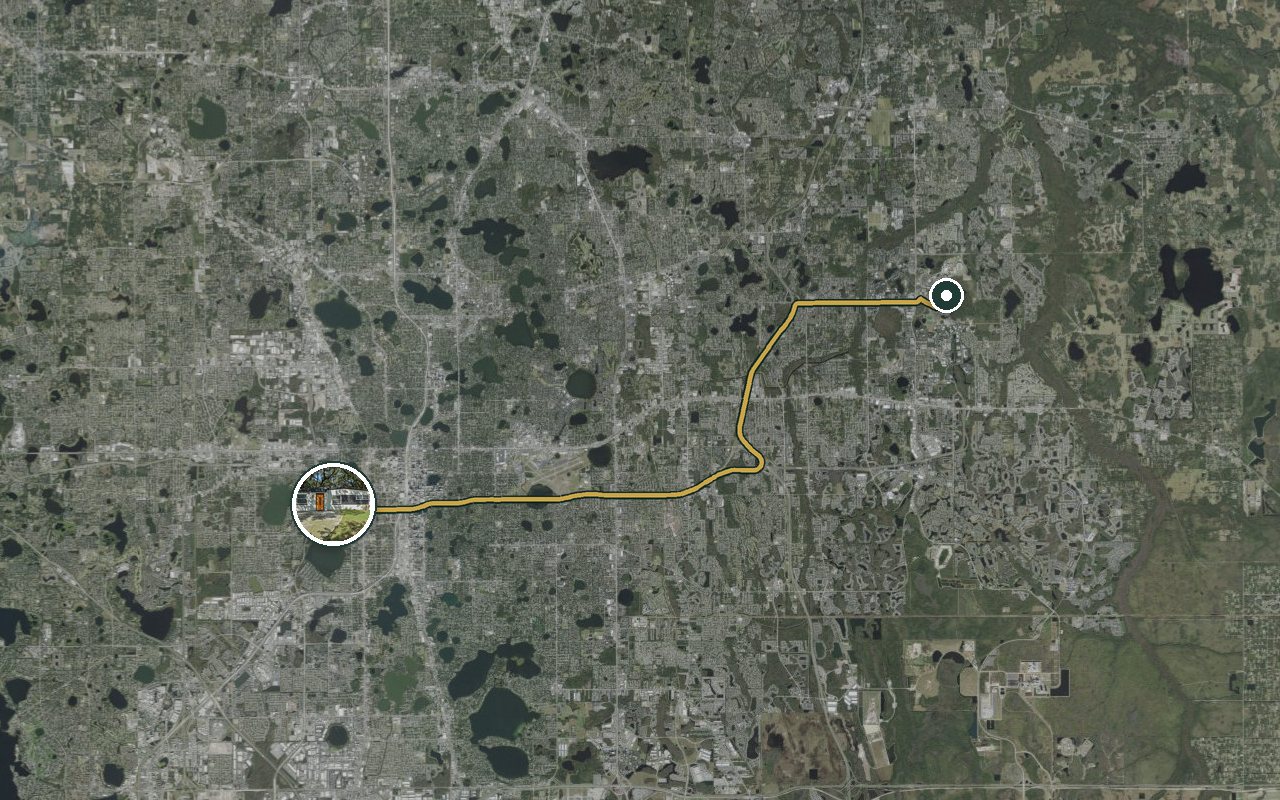 Satellite map showing Game Day Getaway-Downtown Orlando, our nearest home, and the driving route to UCF main campus, about 26 minutes by car.