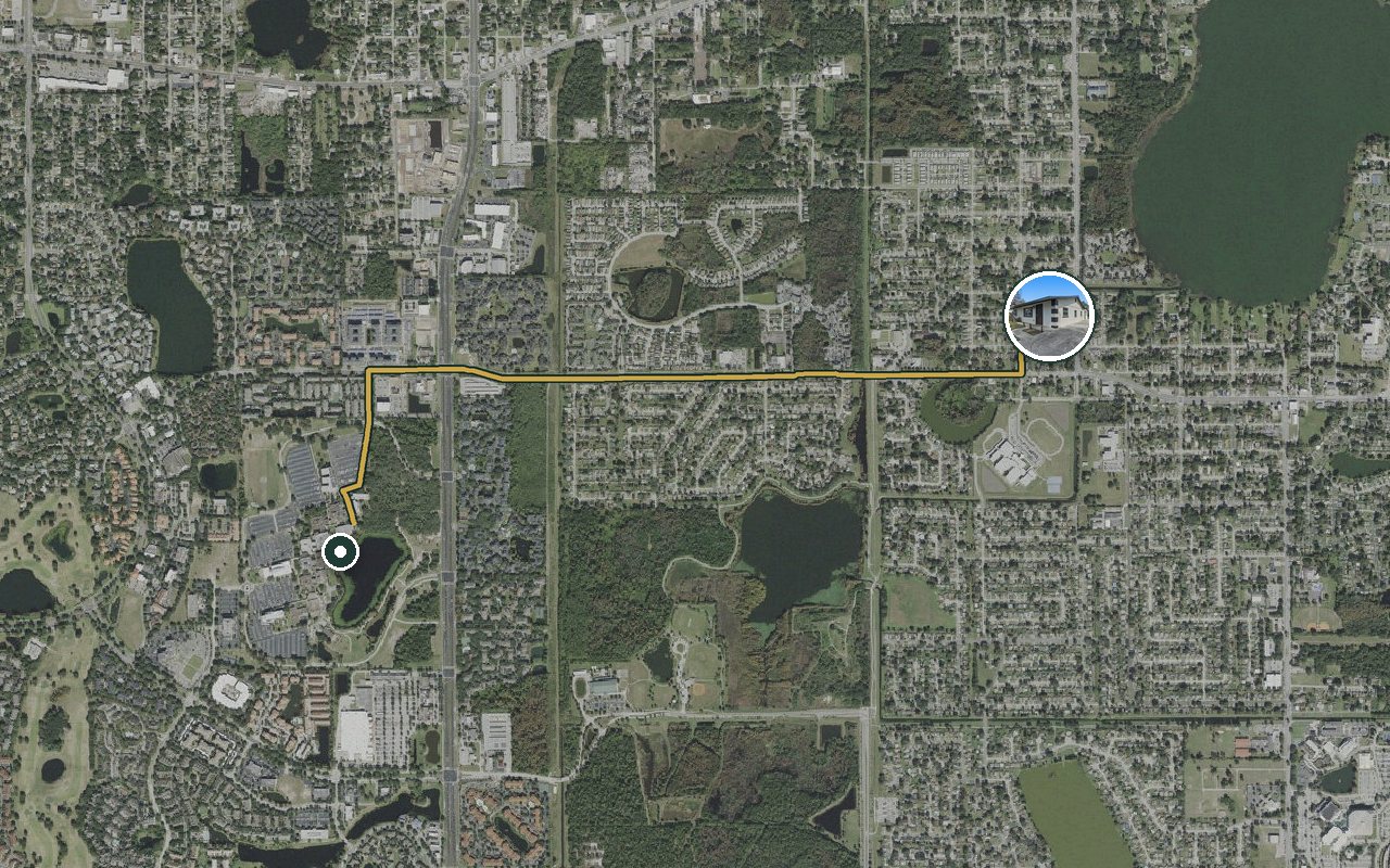 Satellite map showing Piedmont, our nearest home, and the driving route to Valencia West Campus, about 7 minutes by car.