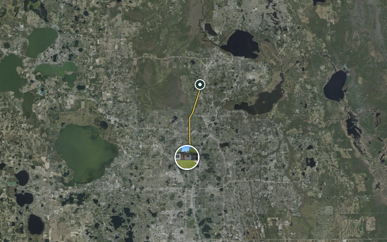 Satellite map showing WinterPark Home, our nearest home, and the driving route to Verizon (Lake Mary), about 19 minutes by car.