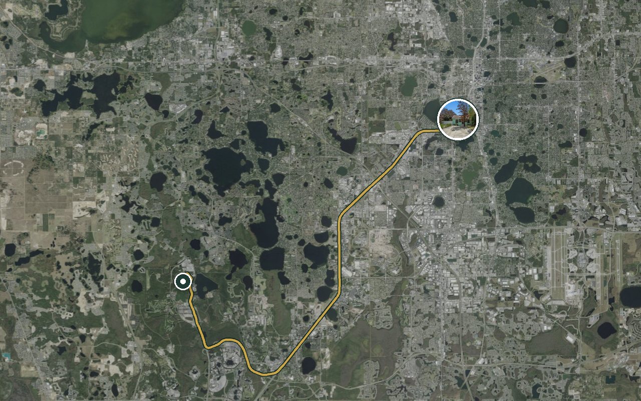 Satellite map showing Fruit Tree Home, our nearest home, and the driving route to Magic Kingdom, about 34 minutes by car.