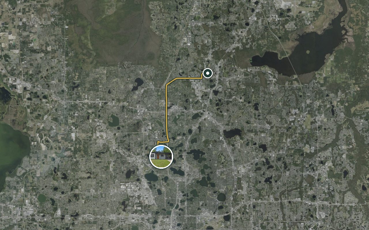 Satellite map showing WinterPark Home, our nearest home, and the driving route to Waste Pro (Longwood), about 18 minutes by car.