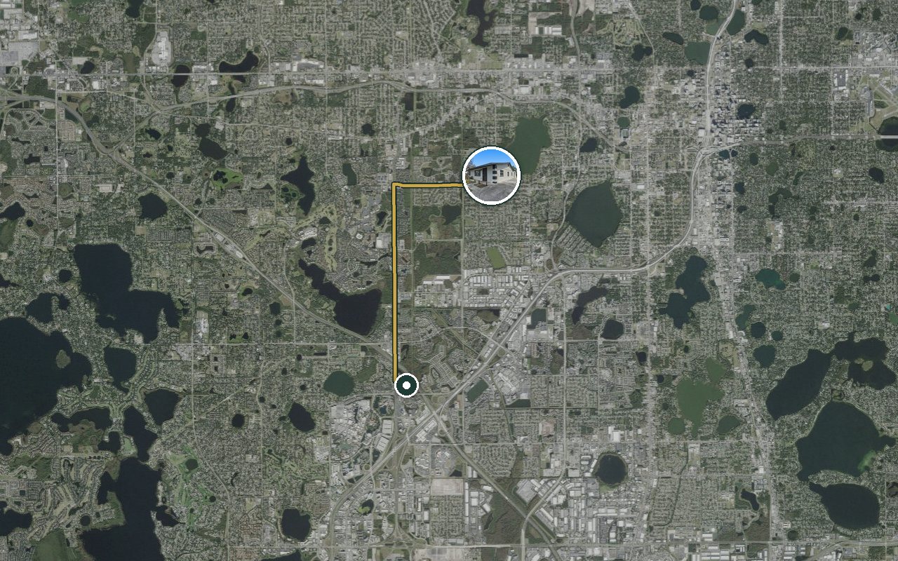 Satellite map showing Piedmont, our nearest home, and the driving route to Windhover Drive headquarters, about 10 minutes by car.