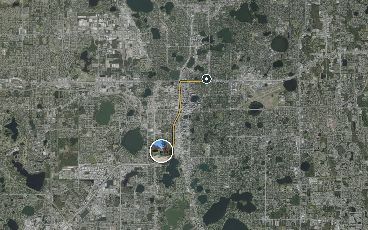 Satellite map showing Fruit Tree Home, our nearest home, and the driving route to YMCA of Central Florida (Association Office), about 7 minutes by car.