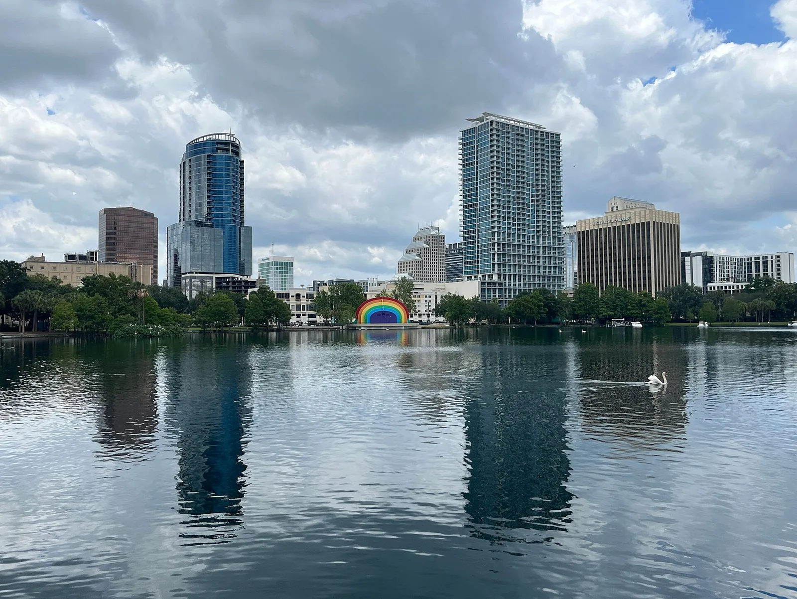 The fountain and sidewalk loop at Lake Eola Park, about 8 minutes from the downtown-edge homes